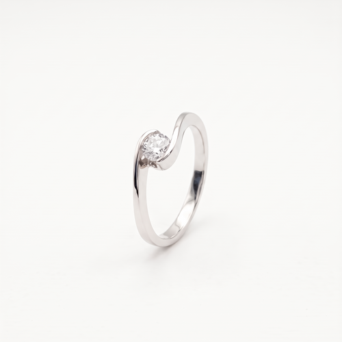 Moissanite bypass solitaire ring, front view on white